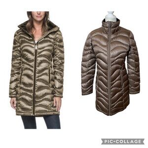 Andrew Marc Puffer Jacket Long Length Down Filled Hood Shine Taupe Size Small